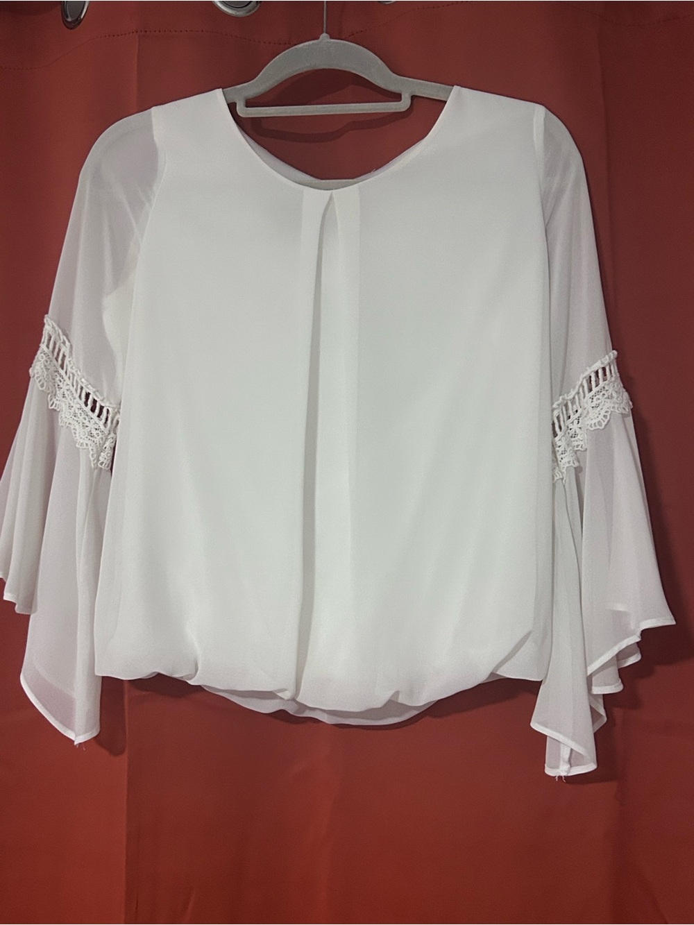 I.N. San Francisco White Crochet-Trim Bell Sleeve Blouse